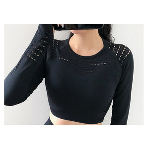 2020 New Women's Fitness T-Shirt Sport Crop Top Long Sleeve Layer Crew Neck Power Stretch  Yoga Crop Top Sexy Gym Clothing