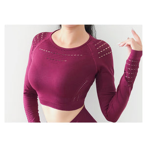 2020 New Women's Fitness T-Shirt Sport Crop Top Long Sleeve Layer Crew Neck Power Stretch  Yoga Crop Top Sexy Gym Clothing