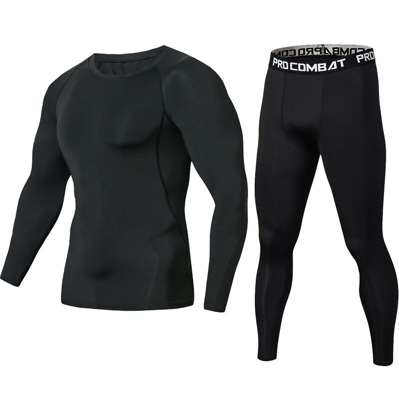 New Fitness Men Sets Pure black Compression Shirts + Leggings Base Layer Brand Long Sleeve T Shirt Clothing Set