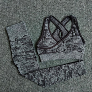 2Pcs Yoga Set Seamless Camouflage Women Fitness Clothing Sports Wear Gym Leggings Padded Push Up Strappy Sports Bra Sports Suits