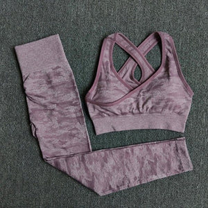 2Pcs Yoga Set Seamless Camouflage Women Fitness Clothing Sports Wear Gym Leggings Padded Push Up Strappy Sports Bra Sports Suits
